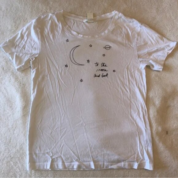 H&M White Crew Neck T Shirt Graphic Tee Sun Moon Stars Illustration Size XS - Picture 1 of 3